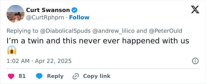 Tweet reaction to twins recounting carjacking story in unison, featuring surprise emoji. Tweet reaction to twins recounting carjacking story in unison, featuring surprise emoji.