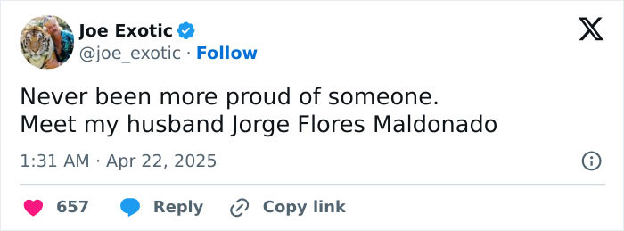 Tweet from Joe Exotic announcing his marriage to fellow inmate Jorge Flores Maldonado.