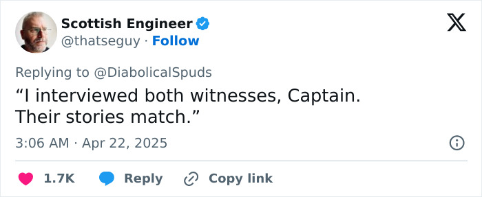 Tweet about twins recounting a carjacking incident in unison, posted by a user named Scottish Engineer. Tweet about twins recounting a carjacking incident in unison, posted by a user named Scottish Engineer.