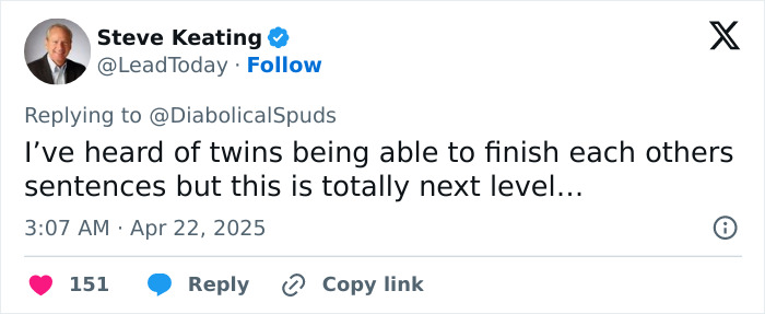 Tweet reacts to twins recounting carjacking in unison, noting it's beyond usual twin behavior. Tweet reacts to twins recounting carjacking in unison, noting it's beyond usual twin behavior.