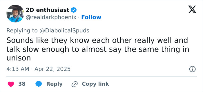 Tweet reacting to twins recounting carjacking in unison, suggesting their closeness and synchronized speech. Tweet reacting to twins recounting carjacking in unison, suggesting their closeness and synchronized speech.