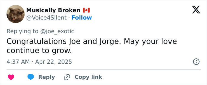 Congratulations message for Joe Exotic's marriage to fellow inmate, celebrating their love story.