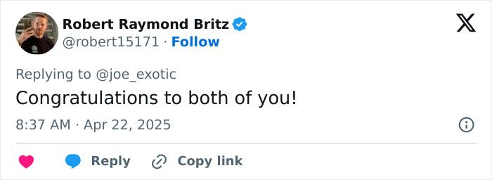 Tweet congratulating Joe Exotic on his marriage to his 6th husband behind bars.