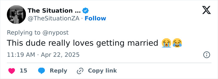 Tweet about Joe Exotic's marriage to fellow inmate, shared by The Situation ZA.