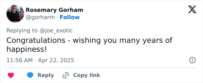 Tweet congratulating Joe Exotic on marriage to fellow inmate with wishes for happiness.