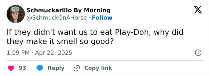 Funny tweet by a parent questioning why Play-Doh smells so good if we're not supposed to eat it.