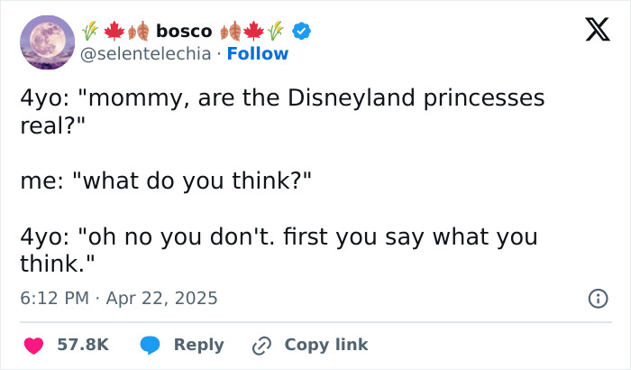 Funny tweet of a parent sharing a humorous conversation with a 4-year-old about Disneyland princesses.