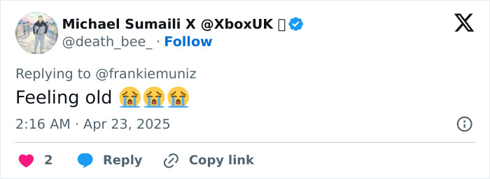 Tweet reply to Frankie Muniz's reunion post with crying emojis and a caption "Feeling old.