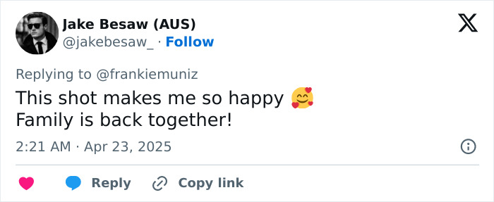 Jake Besaw shares excitement over Frankie Muniz's 'Malcolm In The Middle' reunion on Twitter.