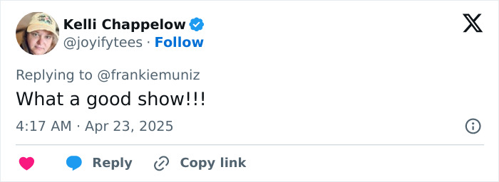 Tweet response to Frankie Muniz expressing appreciation for iconic TV show, April 2025.