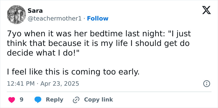 Tweet from a parent sharing a funny bedtime quote from their 7-year-old daughter about decision-making.