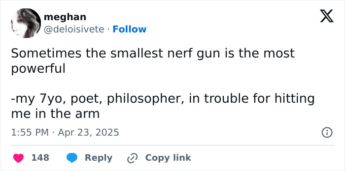 Tweet by a parent sharing funny moment with child and nerf gun wisdom.