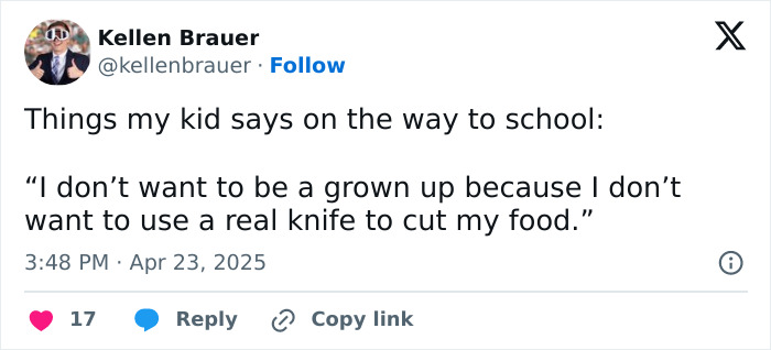 Funny tweet from a parent about a child's reason for not wanting to grow up, involving using a real knife.