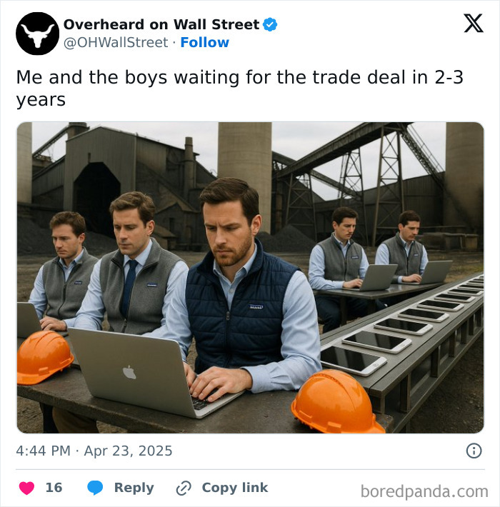 Group of businessmen using laptops outdoors, with caption about waiting for a trade deal, from "Overheard On Wall Street" memes.
