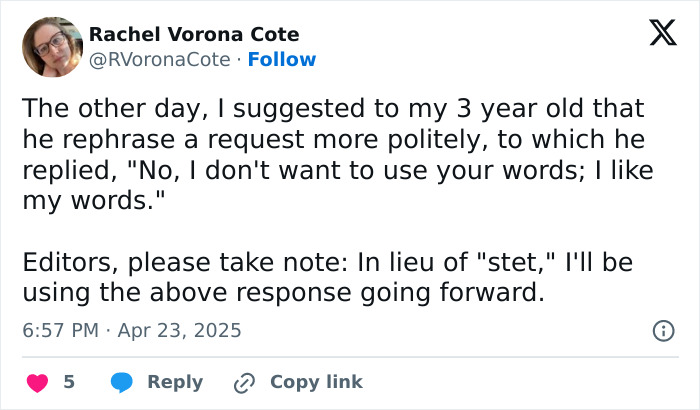 Funny tweet from a parent sharing a humorous exchange with a 3-year-old about polite language.