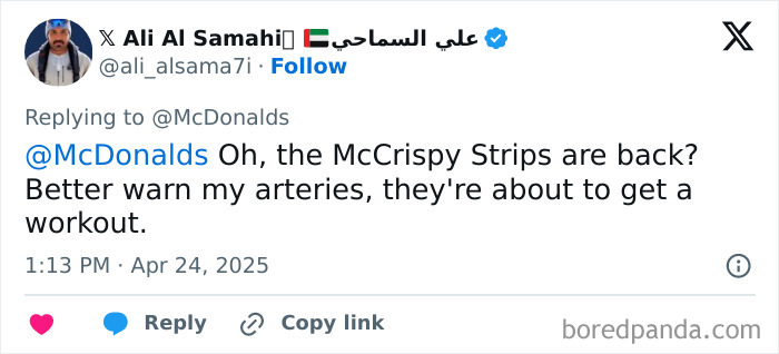 Tweet reacting to the return of chicken strips at McDonald's, mentioning McCrispy Strips and arteries.