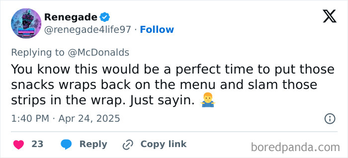 Tweet suggesting McDonald&rsquo;s add chicken strips to wraps, shown with emojis and 23 likes.