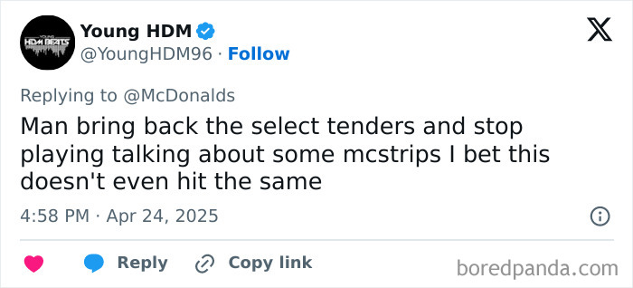 Tweet discussing McDonald's Chicken Strips returning, expressing doubt about their popularity compared to Select Tenders.