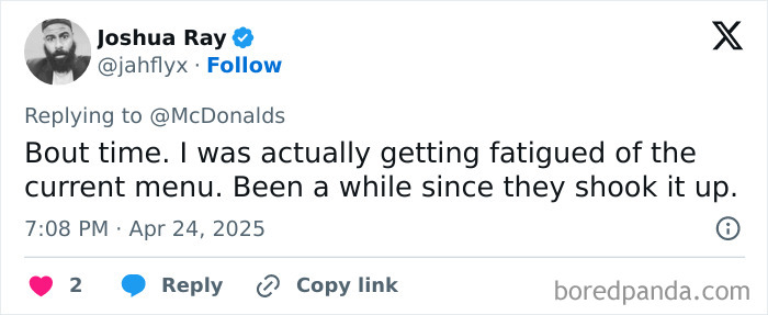 Tweet expressing excitement about McDonald's chicken strips returning to the menu after a long wait.