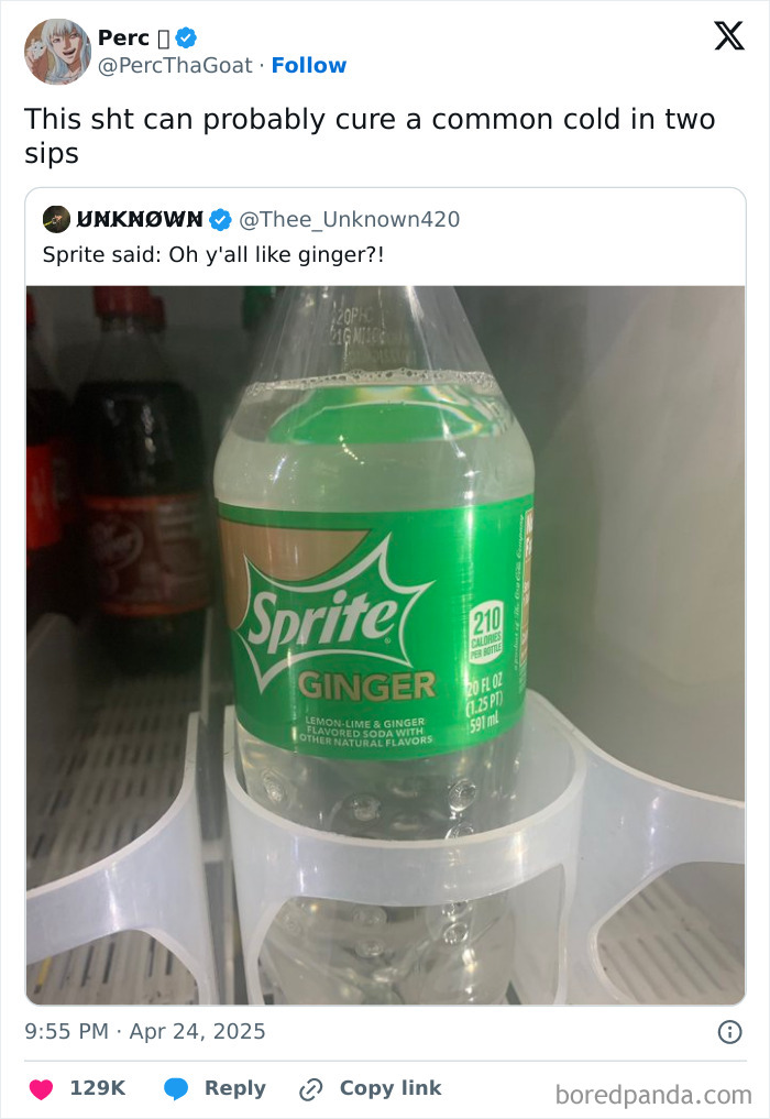 Bottle of Sprite Ginger soda in a fridge, featured in funny and random shower thoughts shared on social media.