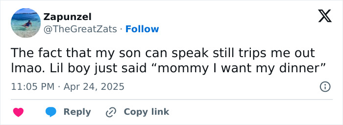 Funny tweet by a parent about their son asking for dinner, showing humor in parenting moments.