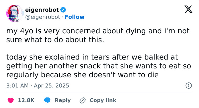 Tweet from a parent about their 4-year-old's hilarious reasoning for wanting frequent snacks.