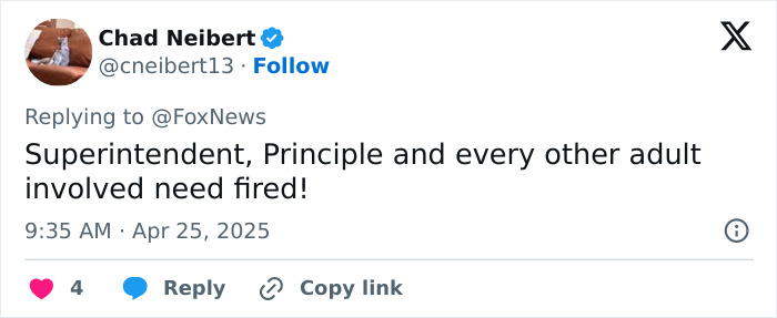 Tweet criticizing school officials over explicit survey for children.