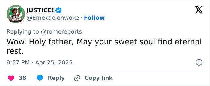 Twitter user pays tribute to Pope Francis with heartfelt message.