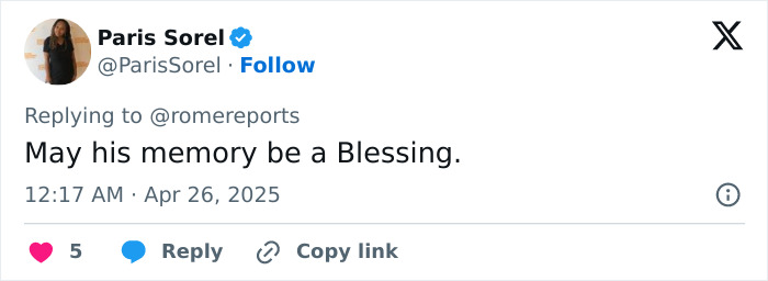 Tweet expressing condolences about Pope Francis with a message: "May his memory be a Blessing.