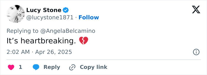 Tweet mentioning heartbreaking message, with a broken heart emoji, related to Prince Andrew accuser Virginia Giuffre.