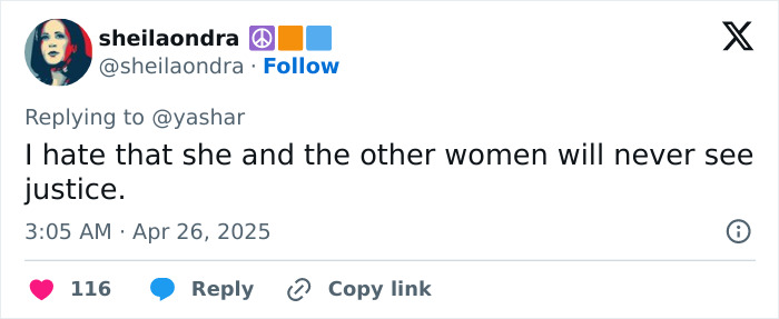 Tweet expressing despair about justice for Prince Andrew accuser Virginia Giuffre and others.