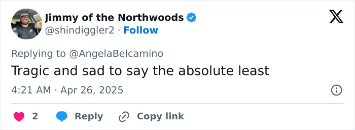 Tweet mentioning Virginia Giuffre, expressing deep sadness, dated April 26, 2025.