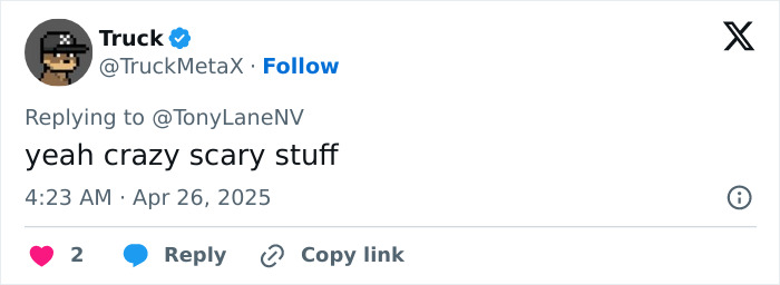 Tweet reacting to Virginia Giuffre's chilling post, reading "yeah crazy scary stuff," dated April 26, 2025.