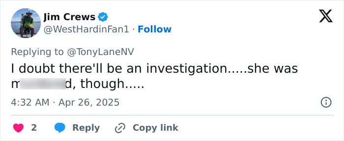 Tweet discussing investigation and Virginia Giuffre's passing, with blurred mention of manner involved.