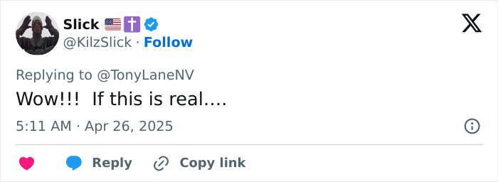 Tweet reply with shock and doubt about a chilling post related to Virginia Giuffre, dated April 26, 2025.