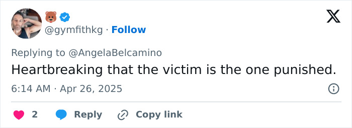 Tweet by @gymfithkg expressing heartbreak over victim punishment, related to Prince Andrew accuser Virginia Giuffre.