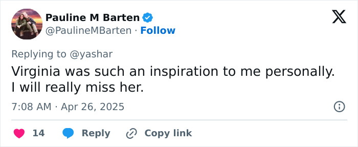 Tweet expressing loss for Virginia Giuffre, praising her as an inspiration.