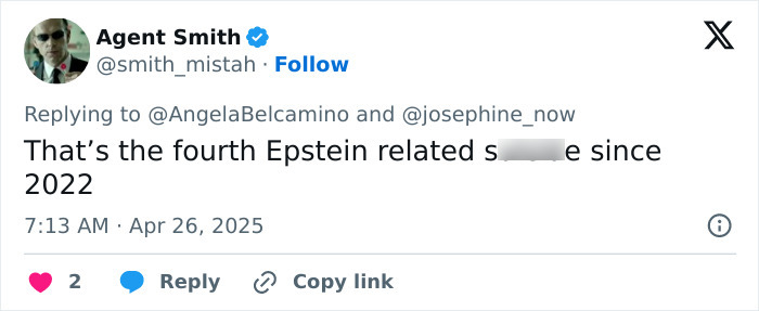 Tweet by Agent Smith discussing Epstein-related incidents since 2022.