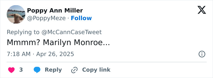 Tweet by Poppy Ann Miller mentioning Marilyn Monroe, dated April 26, 2025, related to Virginia Giuffre theories.