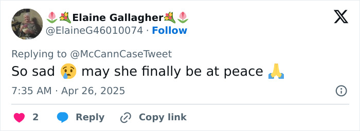 Tweet expressing sadness over Virginia Giuffre&rsquo;s passing and wishing her peace.