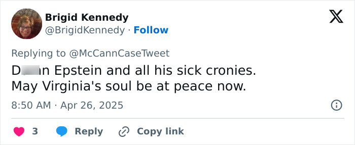 Tweet about Virginia Giuffre, mentioning Epstein, expressing wishes for peace after her passing.
