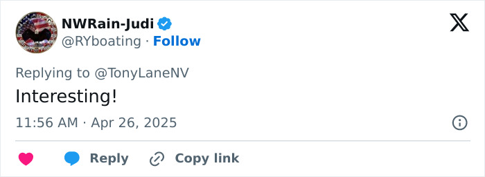 Tweet reply saying "Interesting!" in a discussion about Virginia Giuffre.