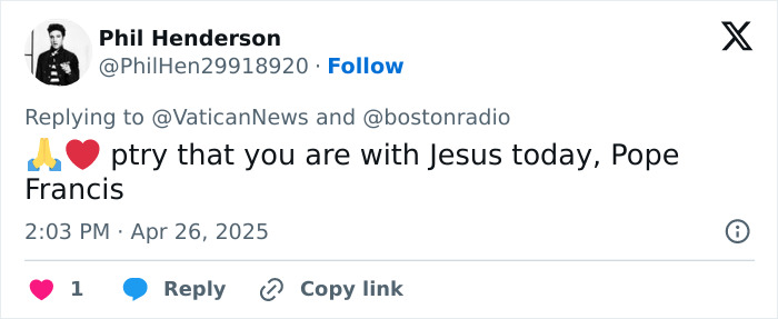 Tweet expressing prayerful wishes for Pope Francis with emojis of folded hands and a heart.