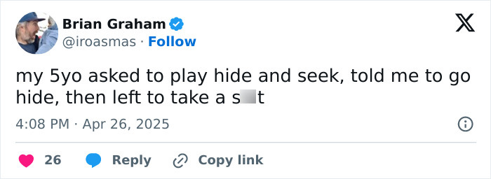 Funny tweet from a parent about a child's humorous approach to playing hide and seek.