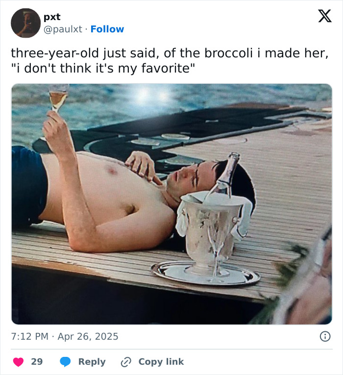 Man lounging by a pool, humorously contemplating broccoli. Parents sharing funny tweets.