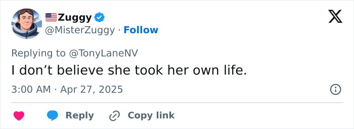 Tweet expressing disbelief about Virginia Giuffre's death, sparking theories.