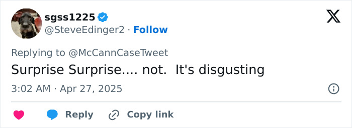 Tweet reaction to Virginia Giuffre's post about her passing, showing the comment: "Surprise Surprise.... not. It's disgusting.