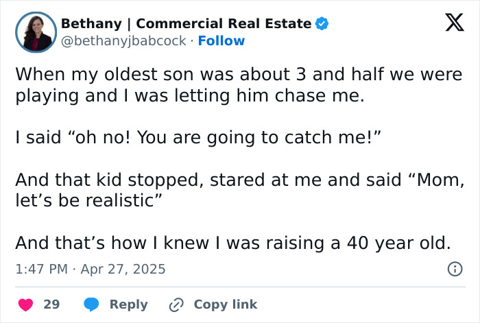 Bethany shares a funny tweet about a humorous moment with her son, showcasing parental humor.