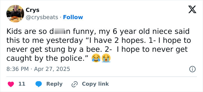 Tweet screenshot featuring a funny parenting moment about a child's hopes involving bees and police.