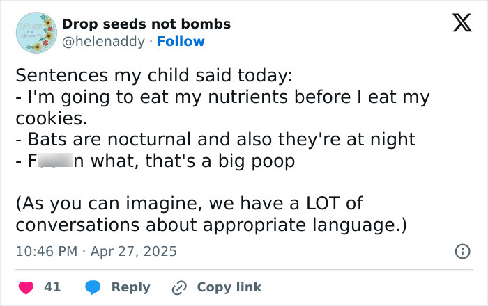 Funny tweet by a parent sharing humorous sentences their child said, discussing language use.